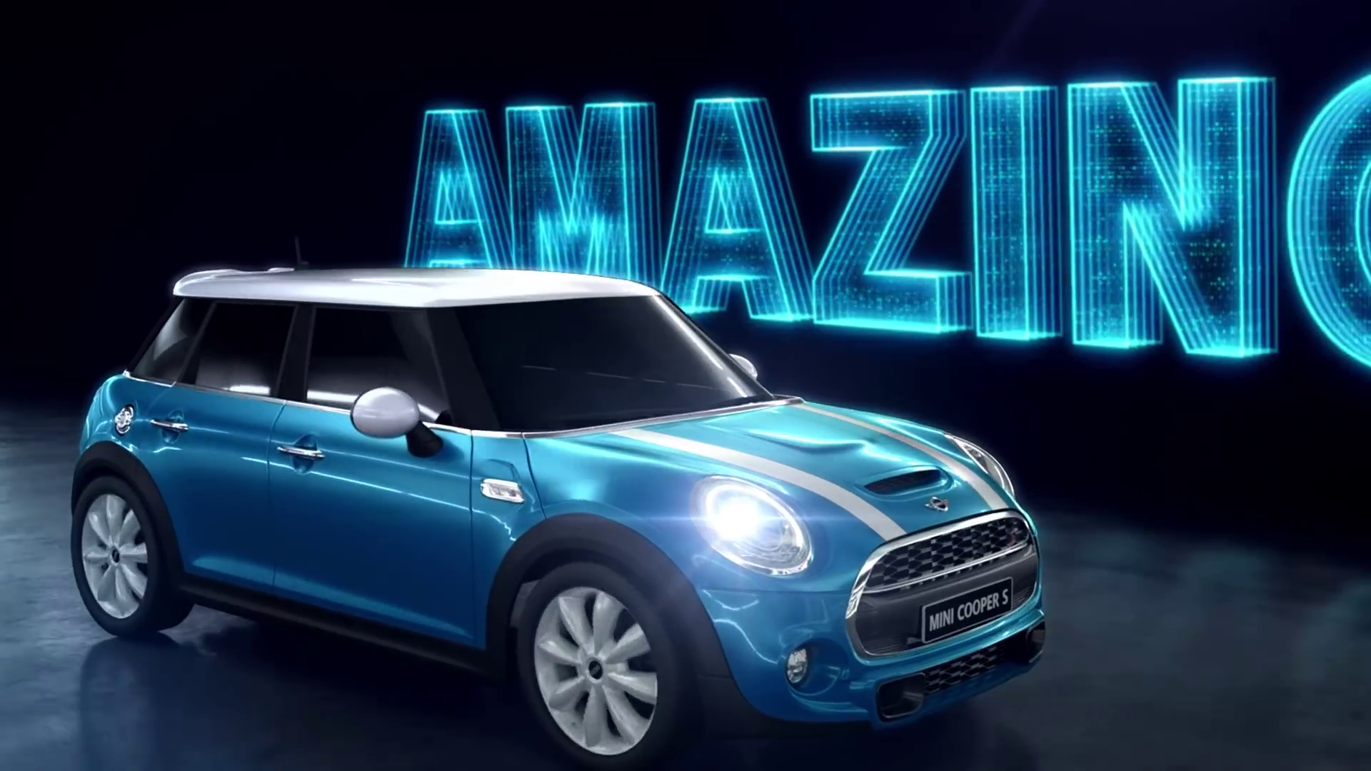 네온 문구 앞의 파란 MINI